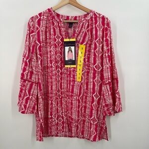 Gloria Vanderbilt Nova Flutter Sleeve Blouse Tribal Weaving Azalea Small NEW